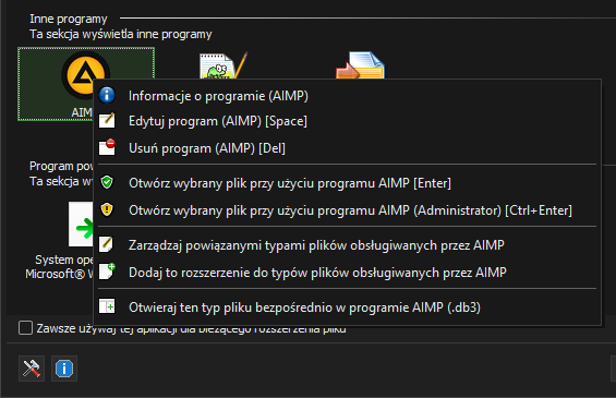 UFM Shell Manager - Menu kontekstowe aplikacji